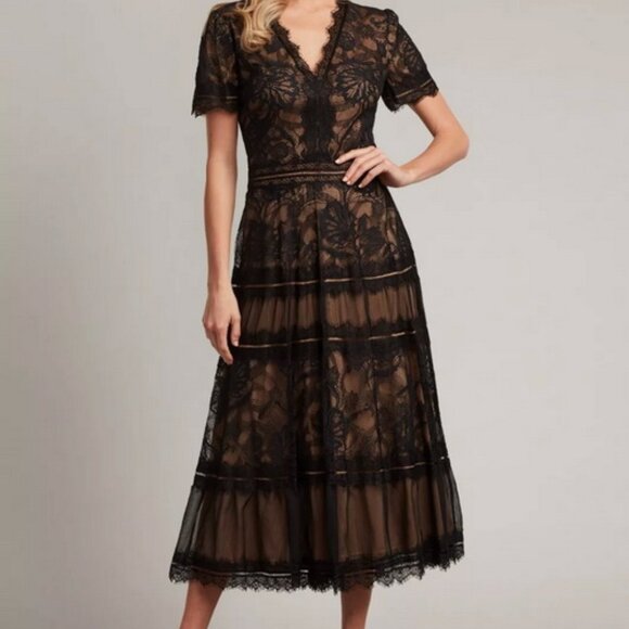 Tadashi Shoji Amara Black Nude Lace & Mesh Midi Cocktail Dress - Picture 1 of 3